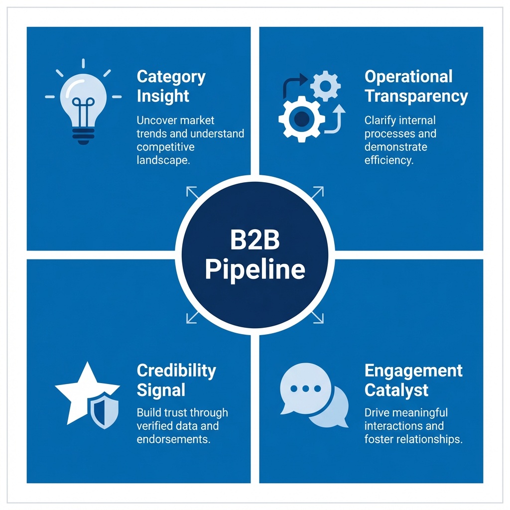 Four-quadrant diagram showing the LinkedIn content pillars for B2B founders: category insight, operational transparency, credibility signal, and engagement catalyst, each with a brief description