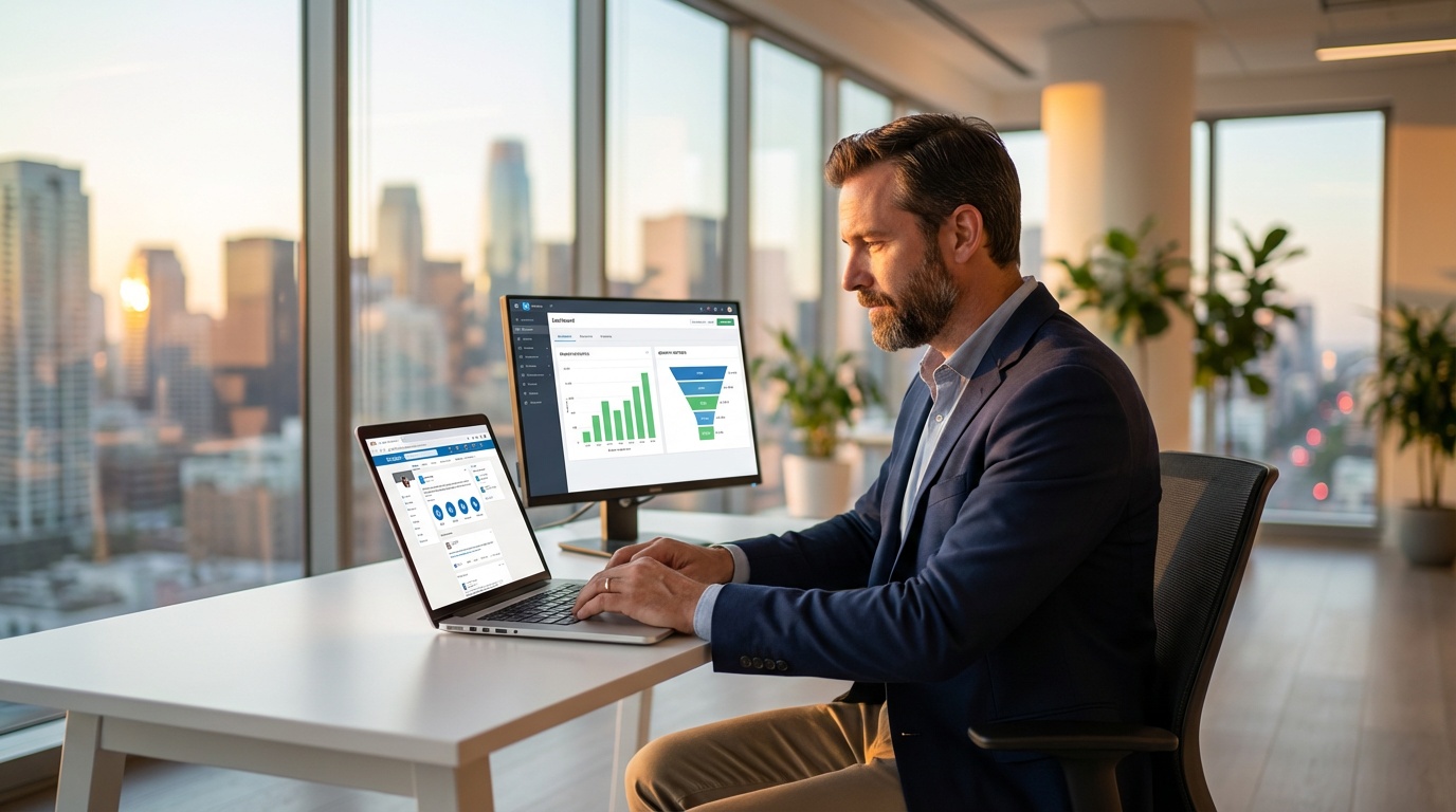 B2B founder reviewing a LinkedIn content strategy on a laptop with pipeline metrics on a second screen in a modern office