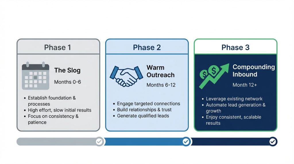 Horizontal timeline infographic showing the three phases of a LinkedIn content strategy for B2B founders: Phase 1 months 0-6 the slog, Phase 2 months 6-12 warm outreach, Phase 3 month 12 plus compounding inbound