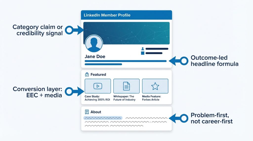 Annotated diagram of an optimised LinkedIn profile for a B2B founder showing headline formula, featured section, about section, and banner image with labels for each element