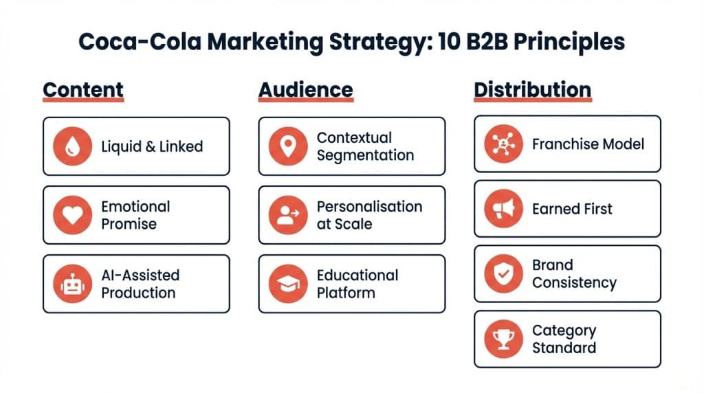 Infographic showing the 10 core principles of the Coca-Cola marketing strategy mapped to B2B tech founder applications, organised around three pillars: content, audience, and distribution