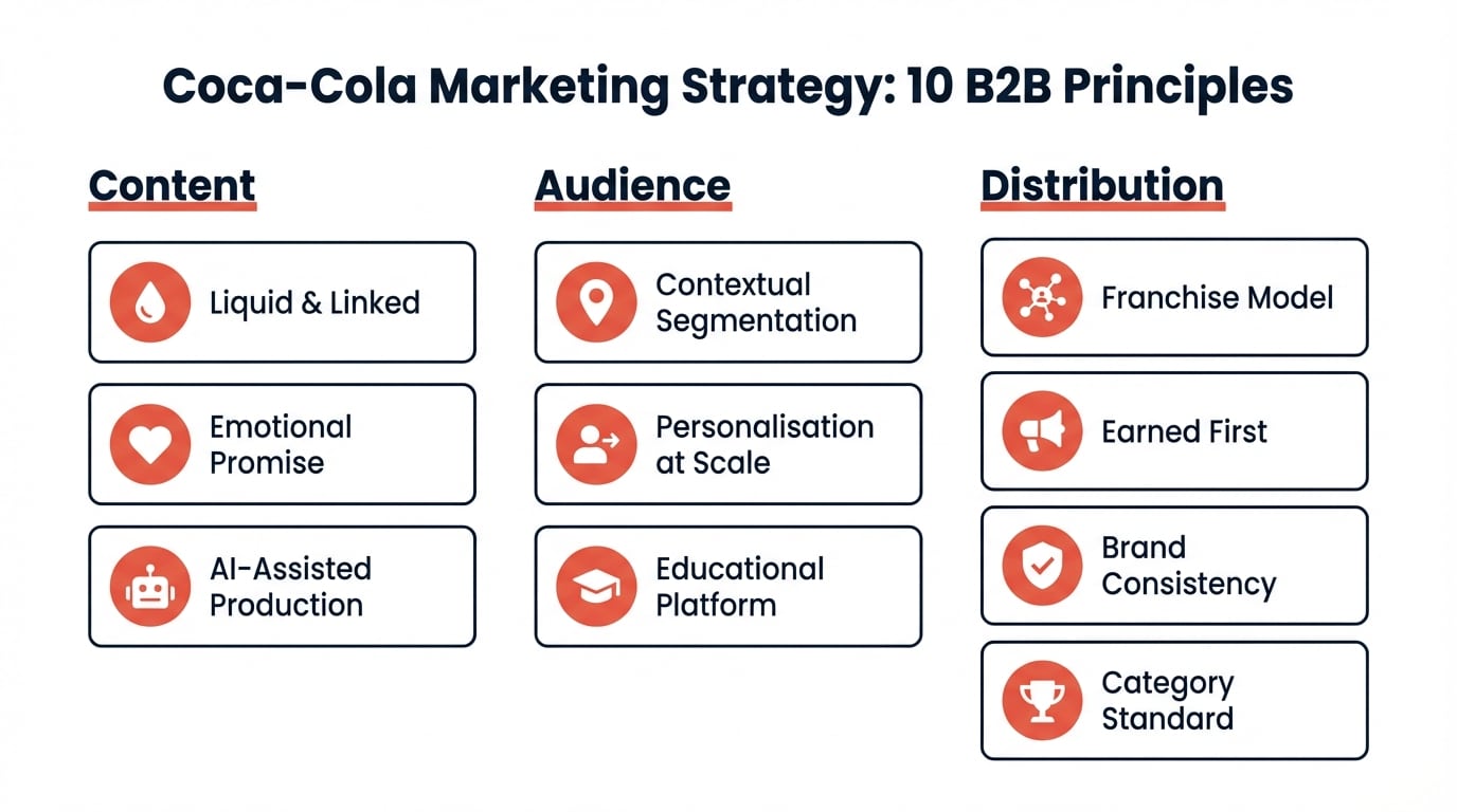 Infographic showing the 10 core principles of the Coca-Cola marketing strategy mapped to B2B tech founder applications, organised around three pillars: content, audience, and distribution