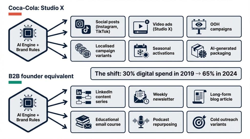 Two-row process diagram comparing Coca-Cola's Studio X AI content production system (top row) with the B2B founder equivalent (bottom row), showing how a central AI engine with brand rules produces six content types — social posts, newsletters, articles, video scripts, email sequences, and podcast clips — at scale