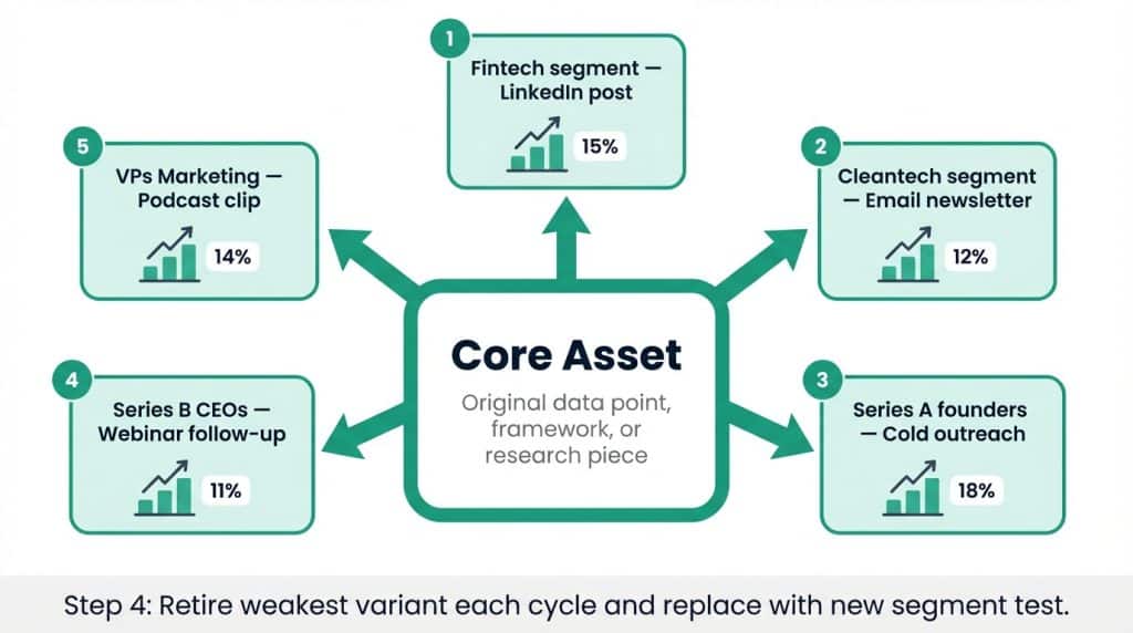Step-by-step diagram of the B2B content personalisation framework: a single "core asset" node in the centre feeds five numbered variant nodes around it, each labelled with a different target segment — fintech, cleantech, SaaS Series A, Series B, and LinkedIn vs email — with engagement metrics shown beneath each variant