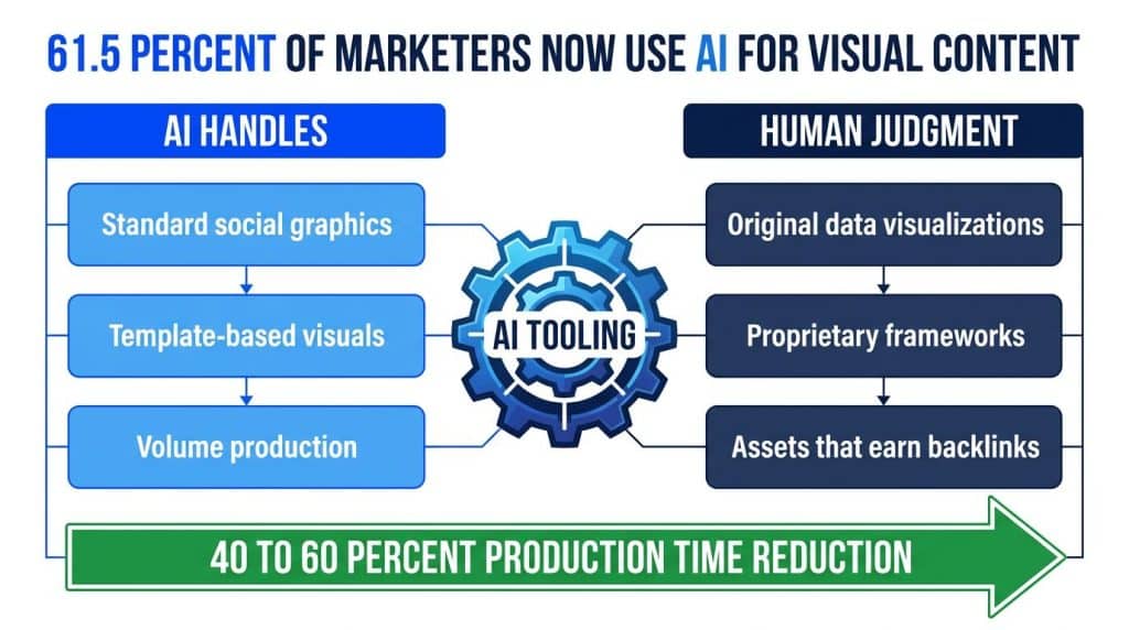 Workflow diagram showing how 61.5% of marketers use AI for visual content creation, with the AI handling volume production while human judgment focuses on original data visualizations