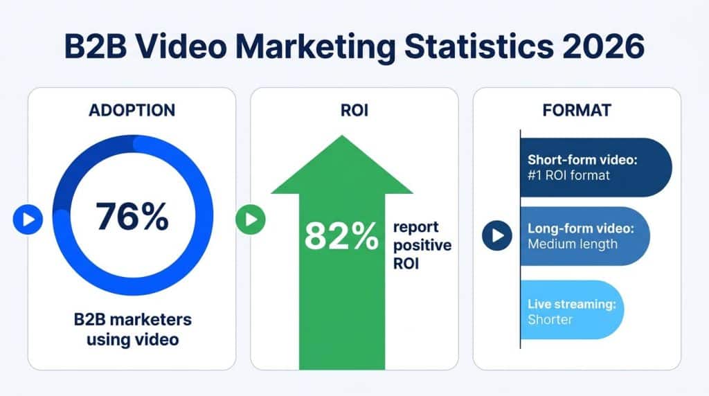 Comparison infographic showing B2B video marketing statistics including 76% adoption rate, 82% positive ROI, and short-form video as the top ROI format in 2026
