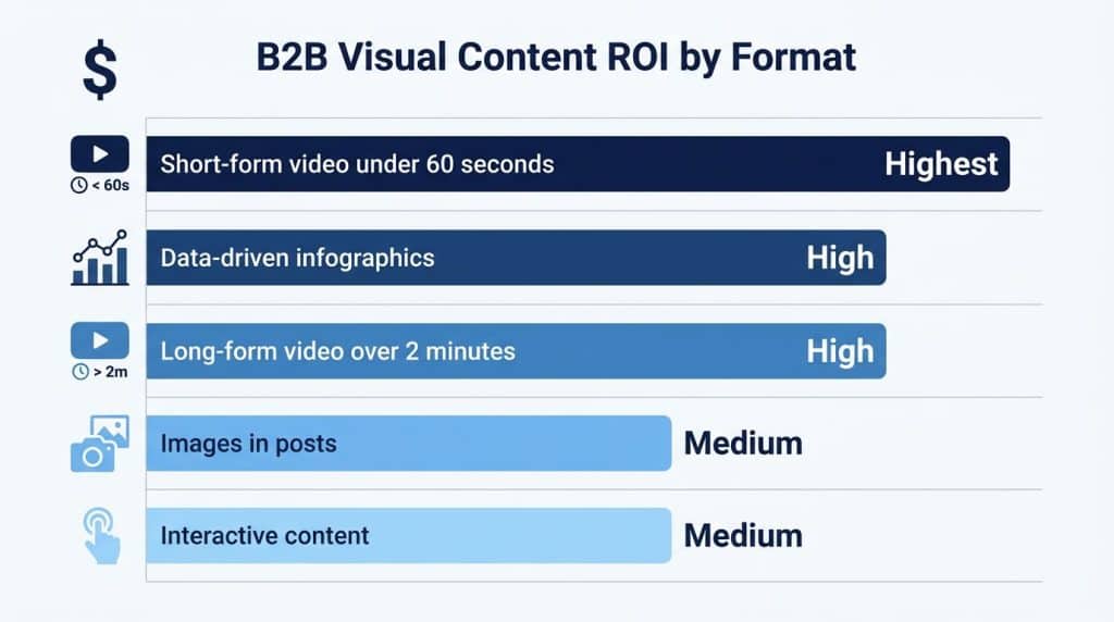 Comparison chart showing ROI ratings for B2B visual content formats including short-form video, infographics, long-form video, blog images, and interactive content