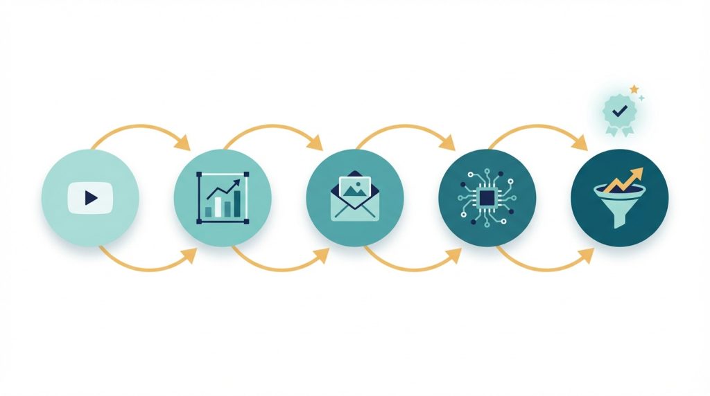 Five-step visual content strategy framework for B2B tech CEOs showing LinkedIn video, proprietary infographics, email visuals, AI production tools, and pipeline measurement connected in sequence