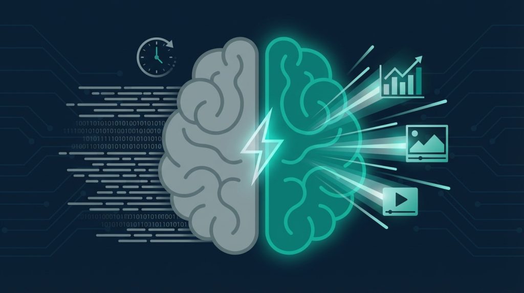 Illustration of the human brain processing visual information 60,000 times faster than text, with a split visualization showing slow text processing on one side and rapid visual processing on the other