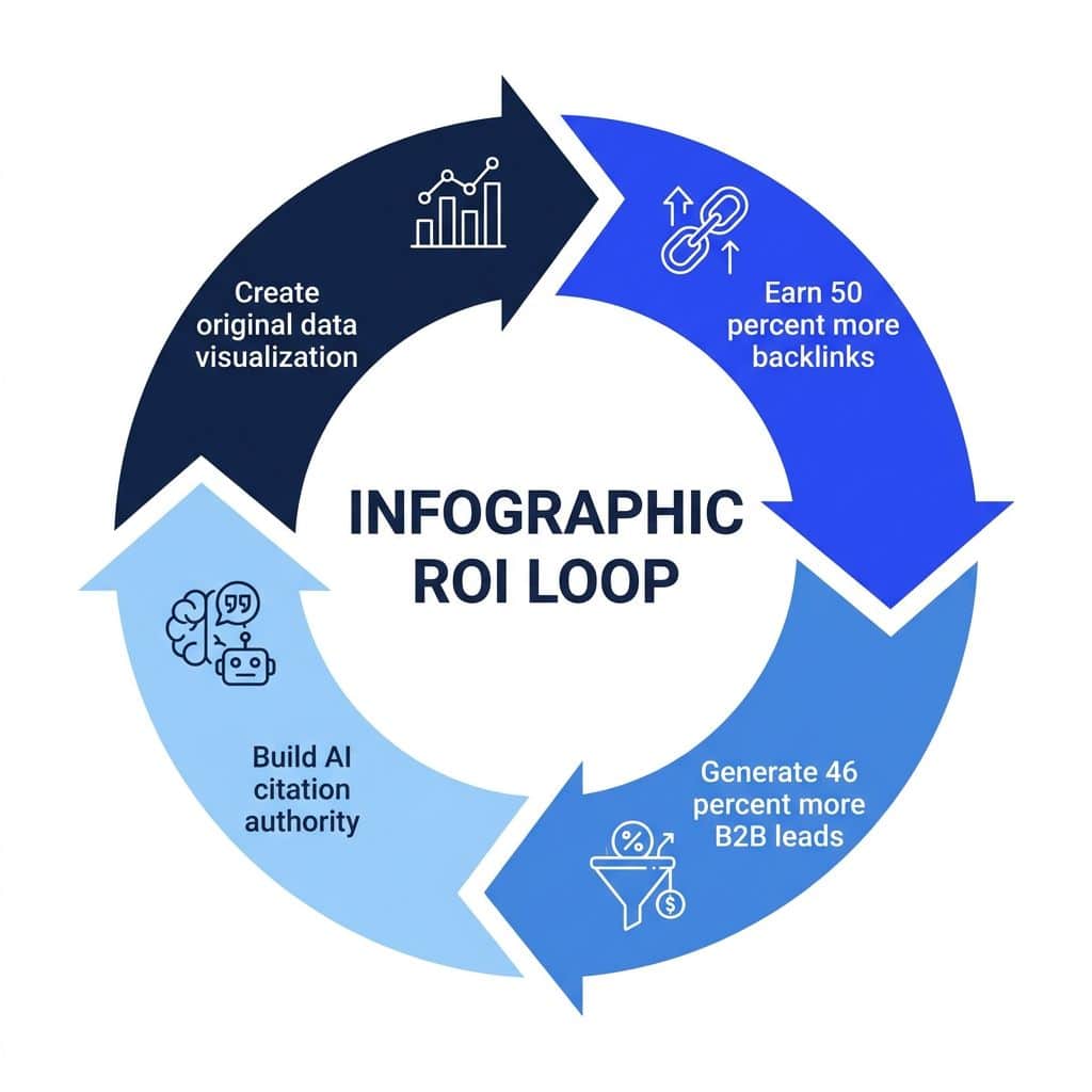 Infographic showing that data-driven infographics attract 50% more backlinks and are cited by 46% of B2B marketers as the top lead generation content format