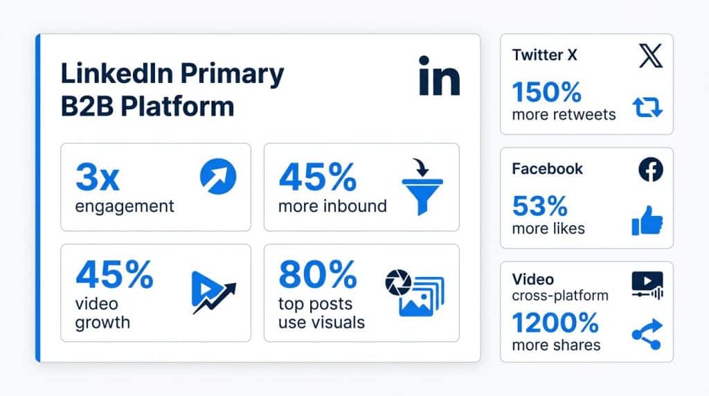 Platform comparison showing LinkedIn visual posts generate 3x more engagement and lead to 45% more inbound opportunities for B2B tech companies