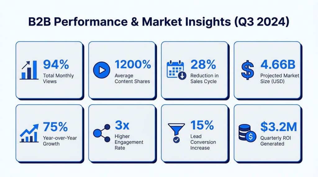 Infographic showing eight key visual content marketing statistics including 94% more views, 1200% more shares, and 49% ROI from short-form video