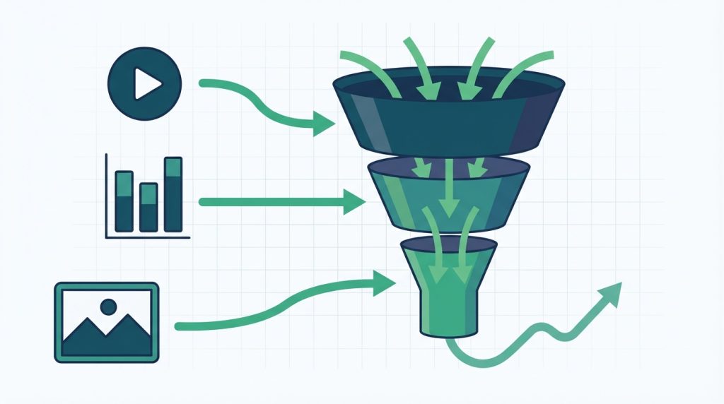 Diagram showing visual content formats including video, infographics, and images flowing into a B2B sales pipeline funnel