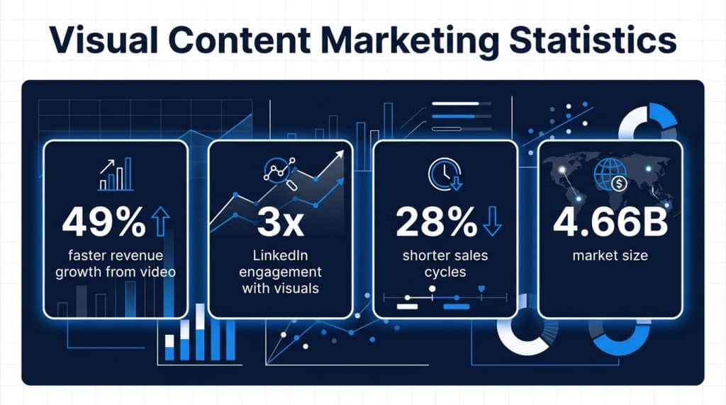 Visual content marketing statistics dashboard showing key performance metrics for B2B companies in 2026