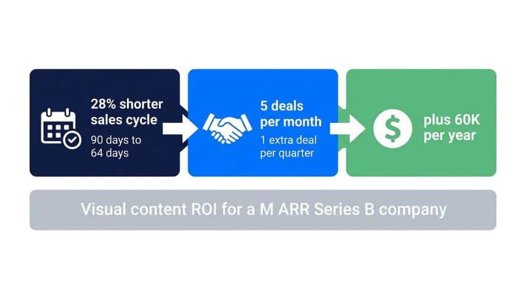Flow diagram showing how visual content marketing statistics translate to revenue impact for Series B B2B tech companies including 28% shorter sales cycles