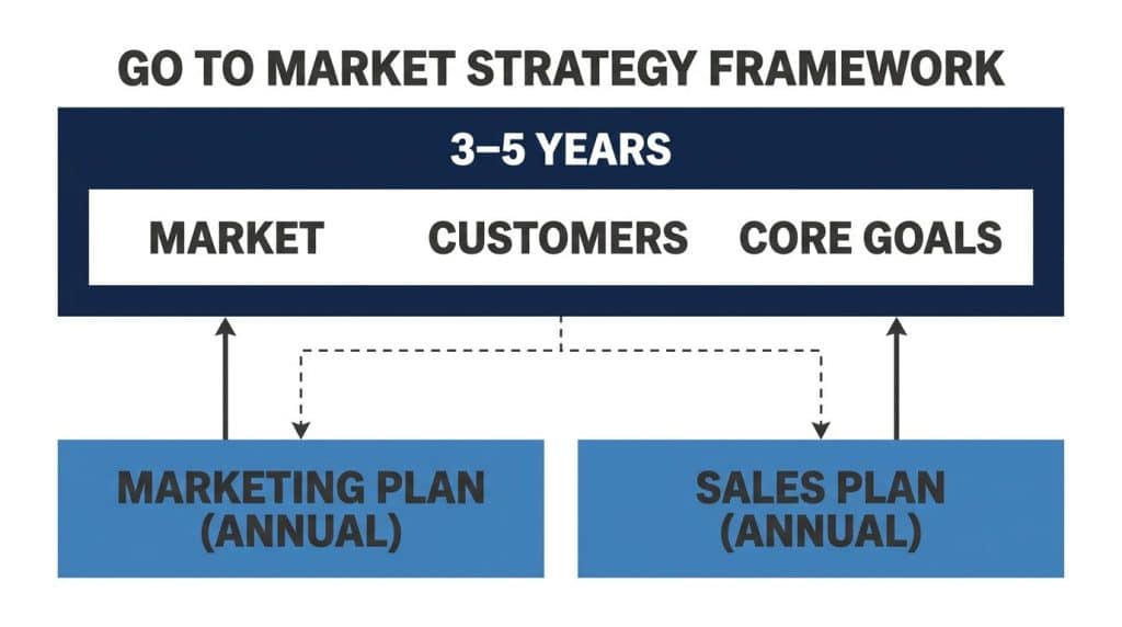 Diagram showing GTM framework as a 3-5 year strategic layer sitting above annual marketing and sales plans in a B2B organization