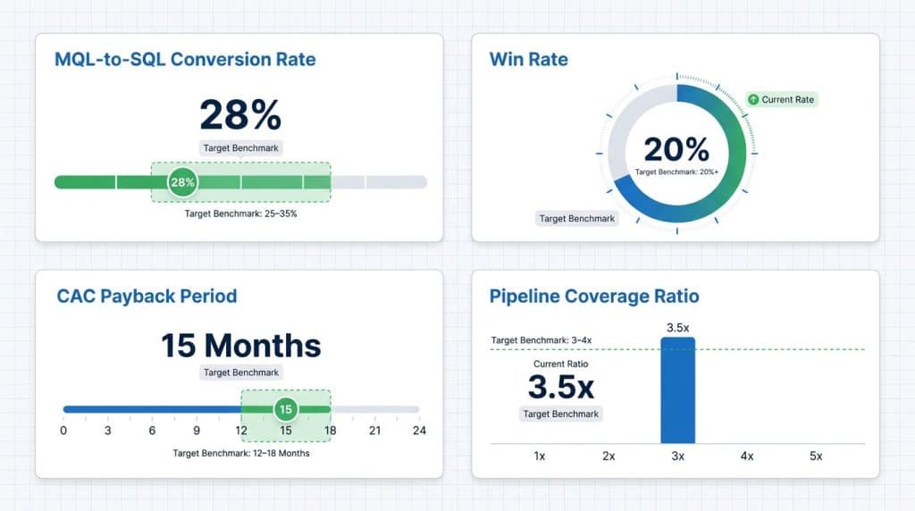 B2B GTM measurement dashboard showing four key KPIs: MQL-to-SQL conversion rate, win rate, CAC payback period, and pipeline coverage ratio with target benchmarks