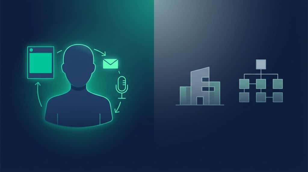 Split illustration comparing individual executive thought leadership with organizational thought leadership for B2B companies