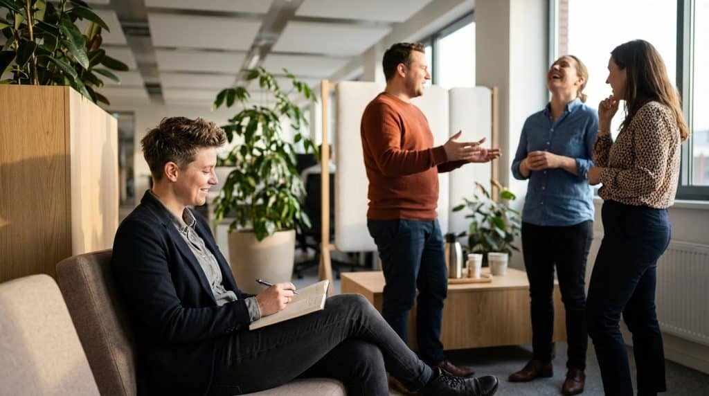 A leader sitting slightly apart from a lively workplace conversation, listening attentively with a notebook open, capturing stories from colleagues in a casual office setting