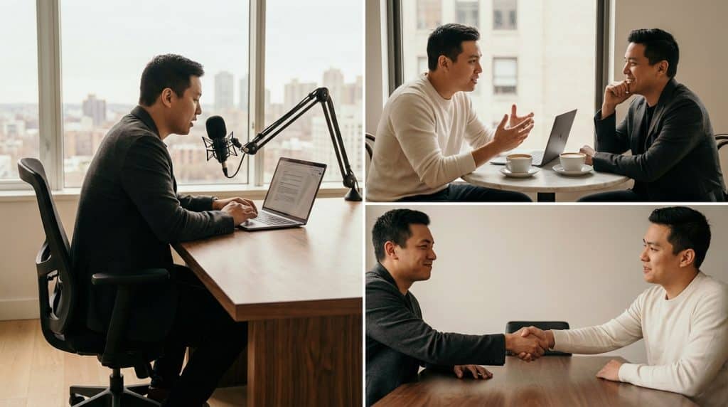 Three scenes showing how leadership storytelling shifts the B2B sales funnel: a founder's content reaching a wide audience at the top, a warm sales conversation in the middle, and a confident deal close at the bottom
