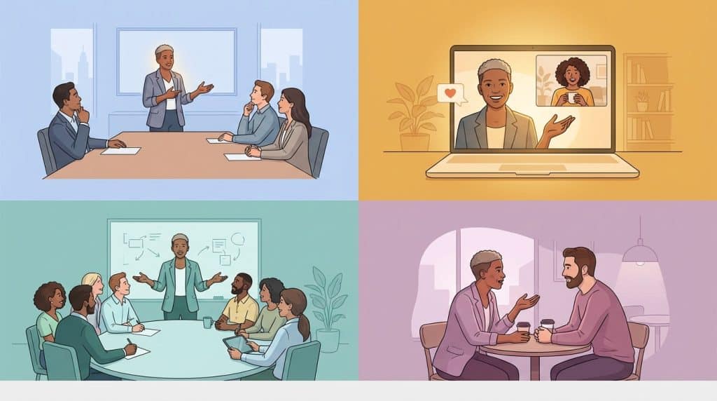 A B2B tech founder using different leadership story types across four contexts: a pitch meeting, a customer call, a team all-hands, and a one-on-one conversation