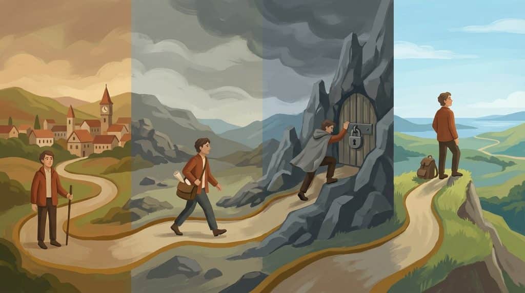 A visual story arc showing four stages of a leadership story: setting the scene, introducing the character, naming the problem, and arriving at the lesson learned