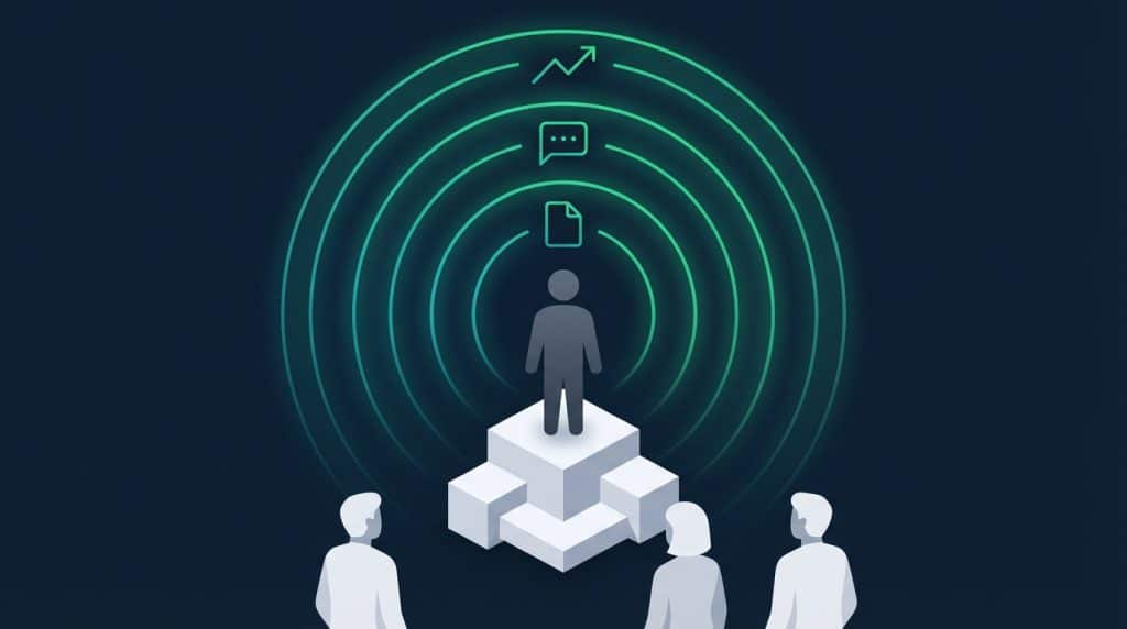 Abstract illustration showing a B2B thought leader sharing expertise to build authority and trust with buyers