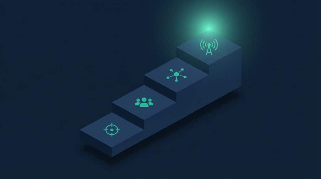 Four-stage thought leadership strategy framework illustration showing the steps from defining your angle through to activating content distribution