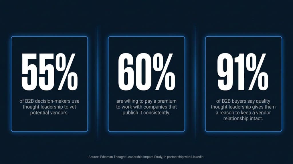 Infographic showing key B2B thought leadership statistics: 55% of decision-makers use it to vet vendors, 60% pay a premium, and 91% say it influences vendor retention