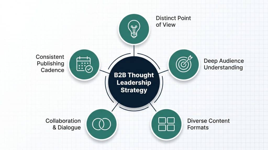 Circular framework diagram showing five interconnected elements of an effective B2B thought leadership strategy: distinct POV, audience understanding, content diversity, collaboration, and consistency
