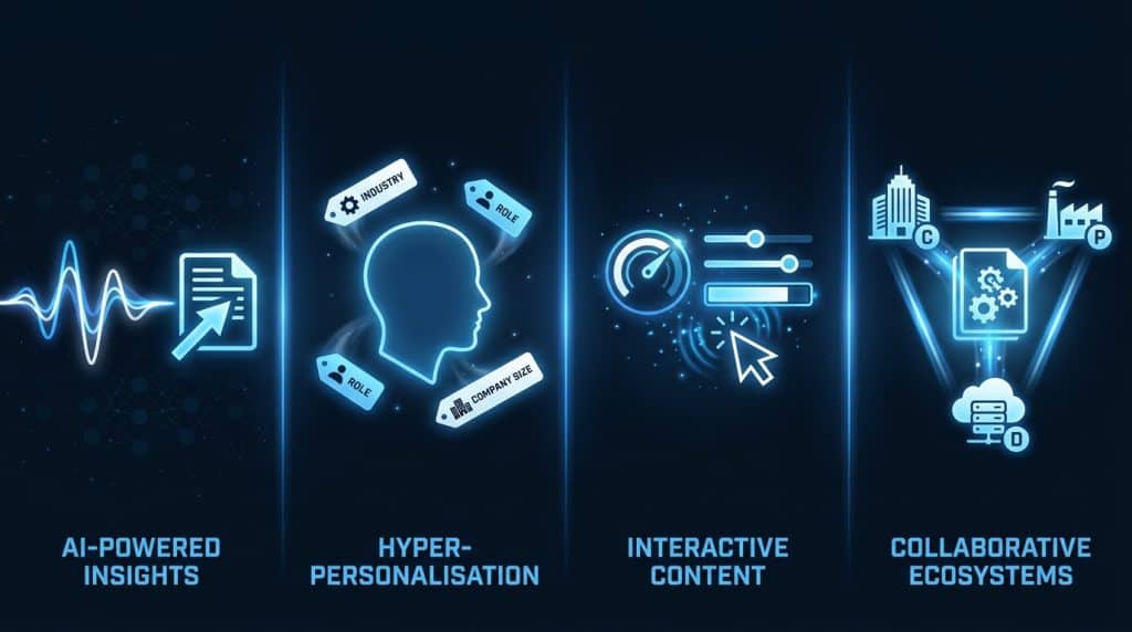 Four emerging B2B thought leadership trends illustrated: AI-powered insights, personalised content, interactive formats, and collaborative ecosystem publishing