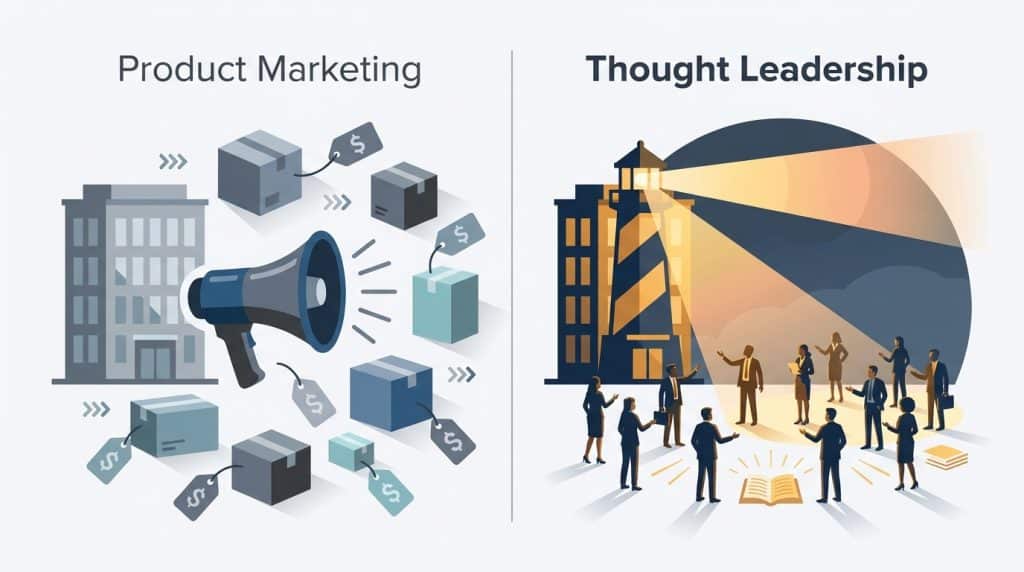 Diagram illustrating B2B thought leadership as a brand becoming a trusted expert voice by sharing industry insights rather than promoting products