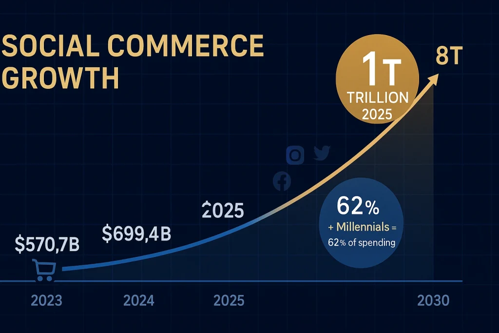 Social commerce growth projection chart: $570.7B in 2023 rising to $1 trillion in 2025 and $8 trillion by 2030