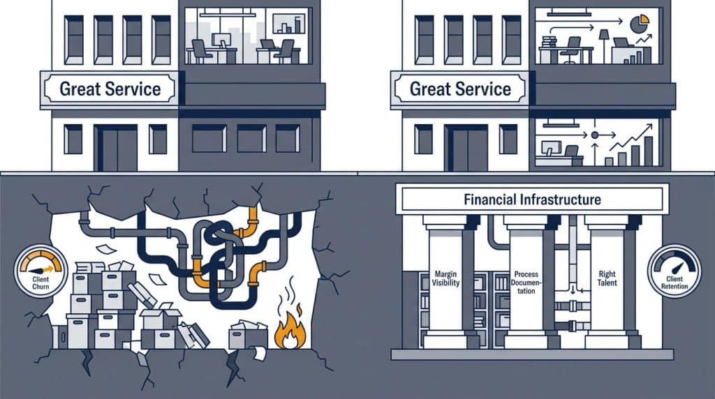 Exceeding client expectations - Architectural cutaway illustration contrasting a business built on customer service optics with one built on financial infrastructure — margin visibility, documented process, and talent — showing why the foundation determines client retention outcomes