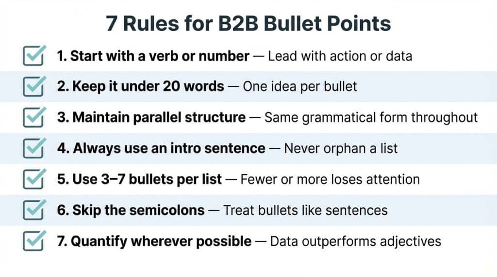 Visual checklist of 7 rules for writing effective bullet points in B2B content, including structure, length, and parallelism guidelines