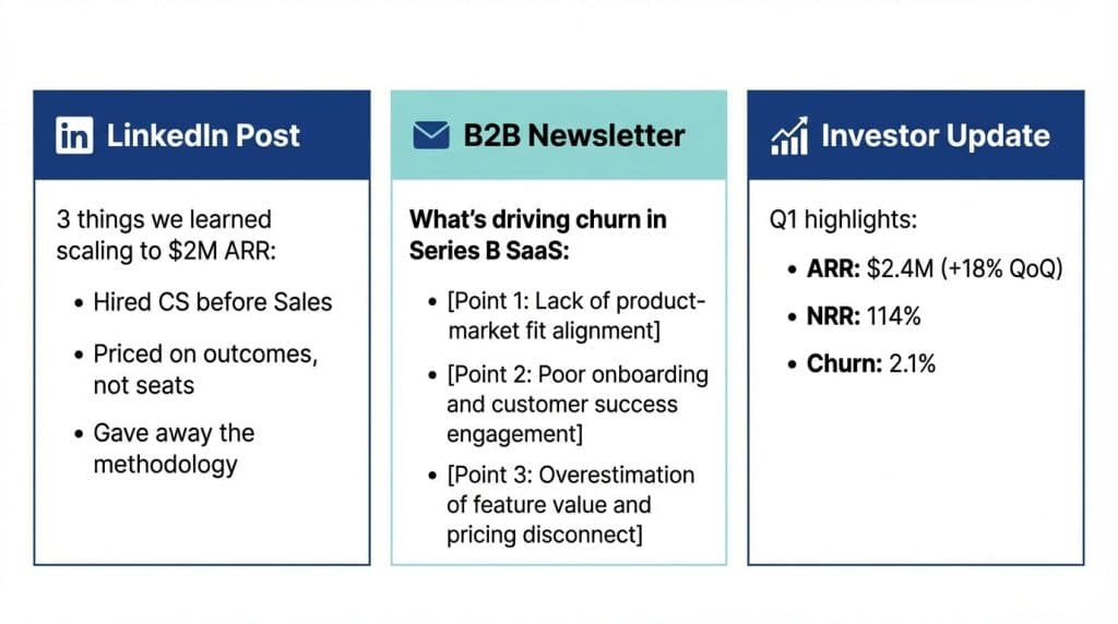 Three-panel diagram showing how bullet point formatting differs across LinkedIn posts, B2B newsletters, and investor update emails