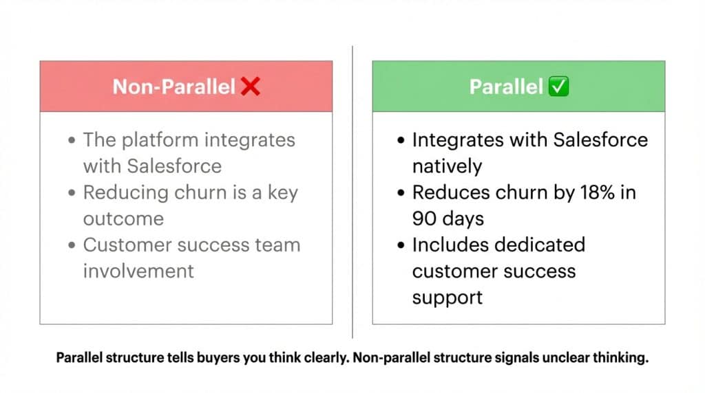 Side-by-side comparison showing non-parallel versus parallel bullet point structure in a B2B sales proposal