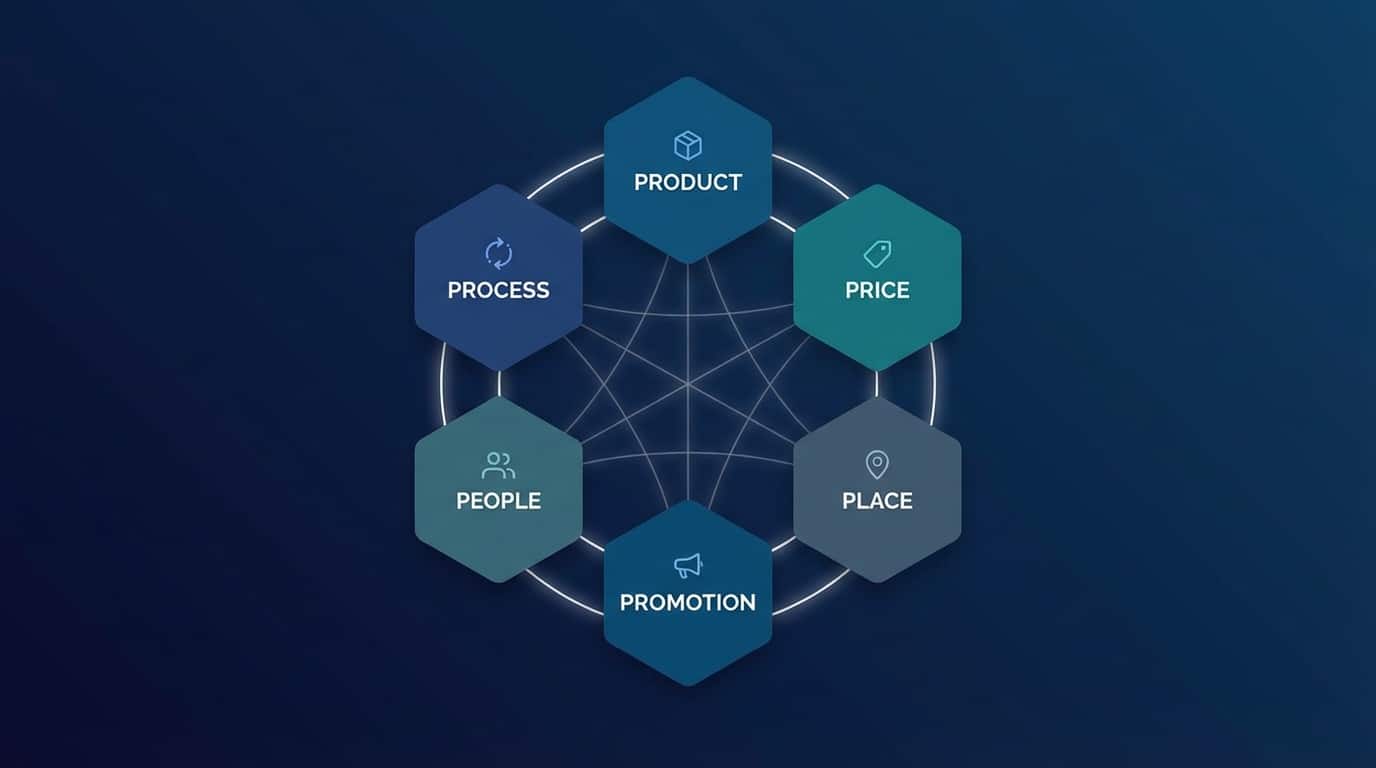 Diagram showing the 6 Ps of marketing — Product, Price, Place, Promotion, People, and Process — as an interconnected system for B2B tech companies