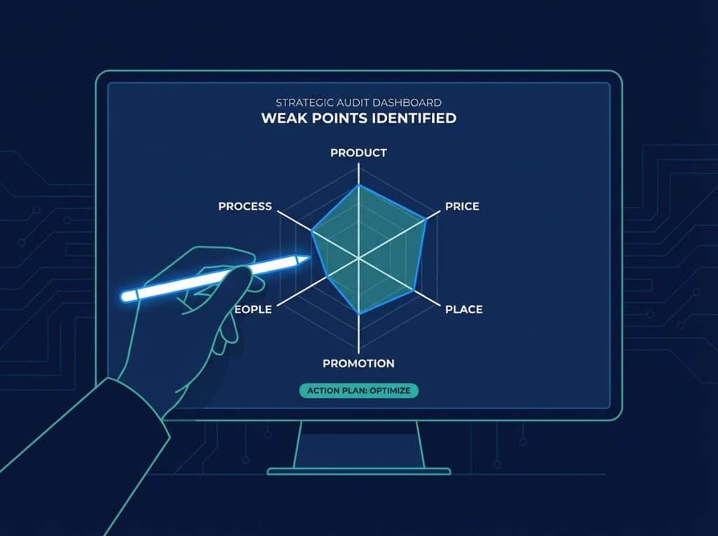 Dashboard illustration of a 6 Ps of marketing audit radar chart for B2B tech CEOs, showing how to identify weak points across the marketing mix strategy