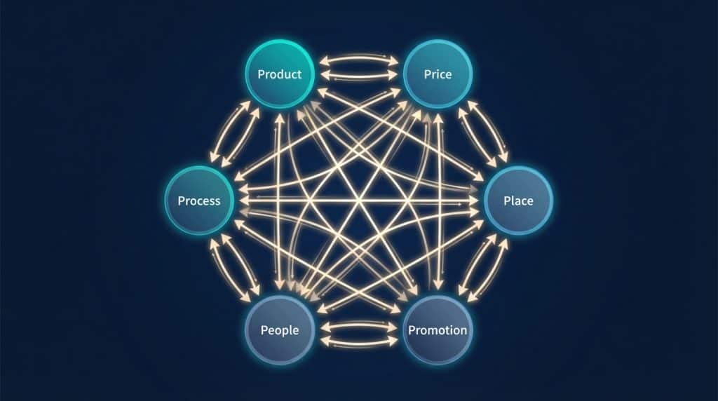 Diagram showing the 6 Ps of the B2B marketing mix as an interconnected system where Product, Price, Place, Promotion, People, and Process each influence one another
