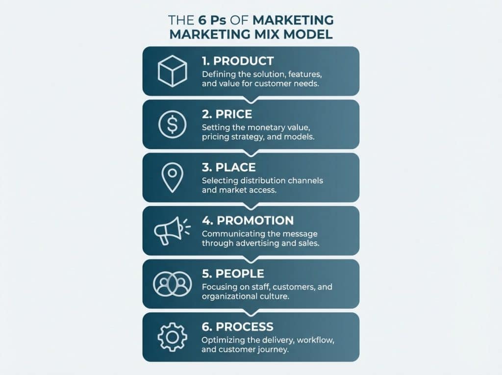 Infographic showing all 6 Ps of the marketing mix model , Product, Price, Place, Promotion, People, and Process , with icons and labels for B2B tech companies