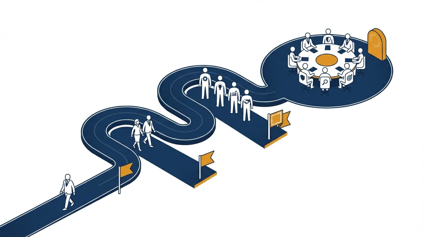 B2B customer journey map showing increasing stakeholder complexity from seed stage to enterprise, illustrating how touchpoints change at each revenue bracket