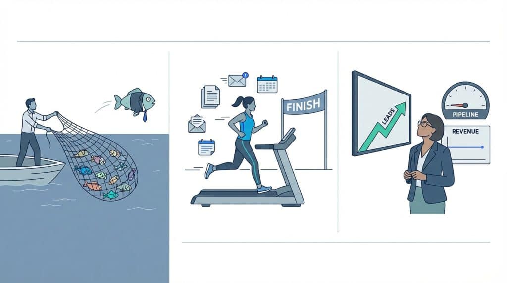 Three-panel illustration showing the three most common B2B demand generation failures: spray-and-pray audience targeting, disconnected one-off tactics with no compounding, and measuring MQLs instead of pipeline revenue