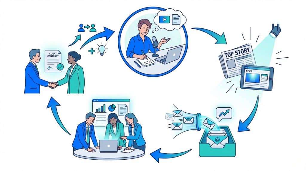 A concrete flywheel diagram showing how a B2B founder's LinkedIn content leads to media coverage, which builds an email subscriber base, which warms buyers, who then become clients and refer others back into the content cycle