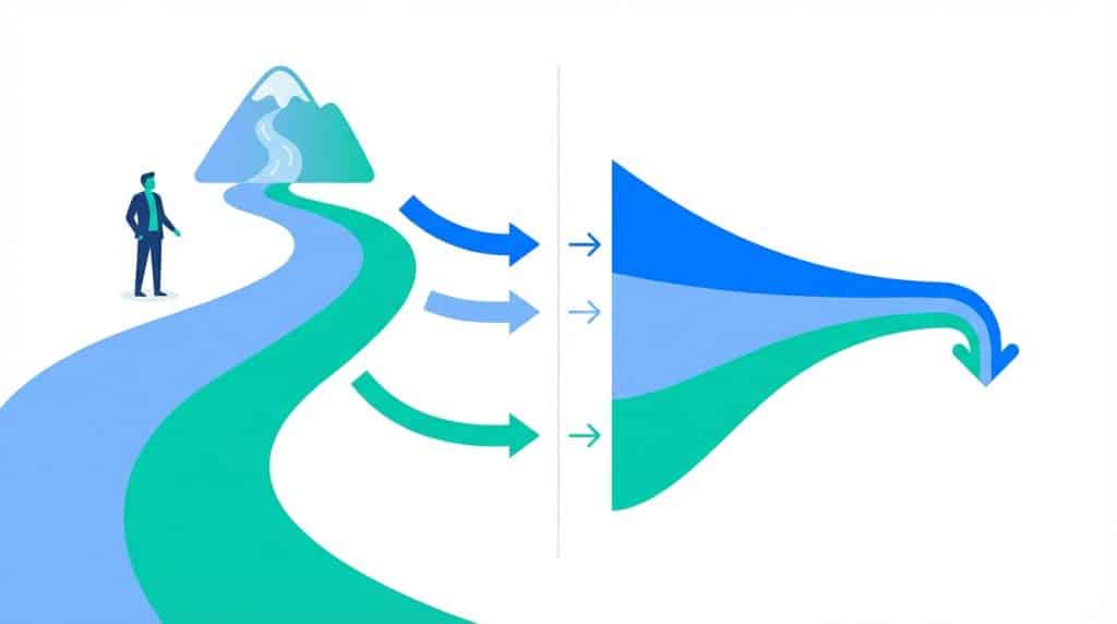 Side-by-side comparison showing demand generation as upstream awareness building and lead generation as downstream conversion, illustrating where each plays in the B2B buyer journey