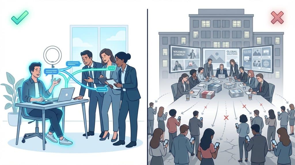 Side-by-side comparison showing a founder personally creating content and building direct relationships with engaged buyers on the left, versus a corporate marketing team producing generic brand content that reaches a disinterested audience on the right