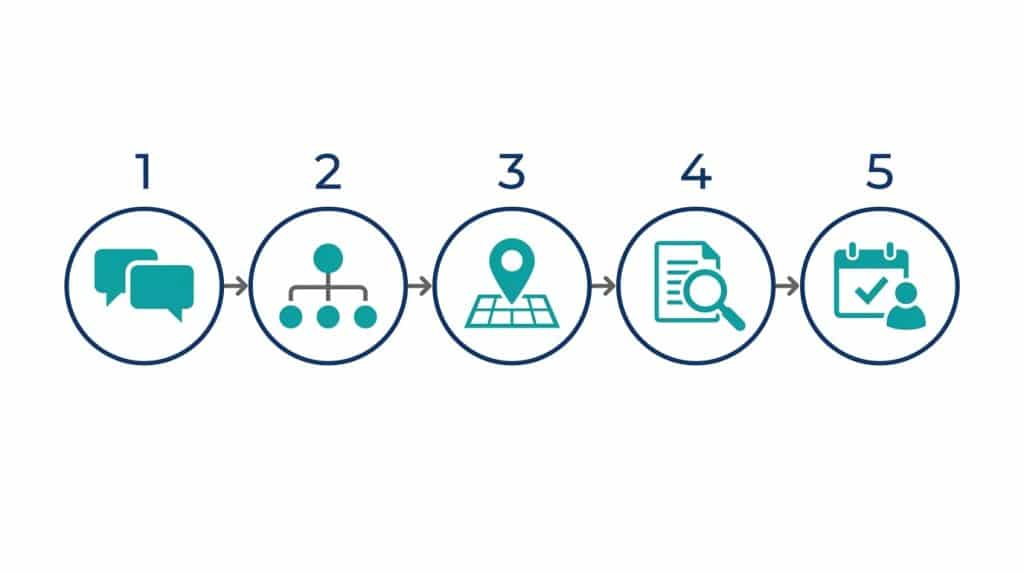 Five-step process for building a B2B customer journey map: customer interviews, buying committee mapping, journey documentation, including uncontrolled touchpoints, and assigning ownership