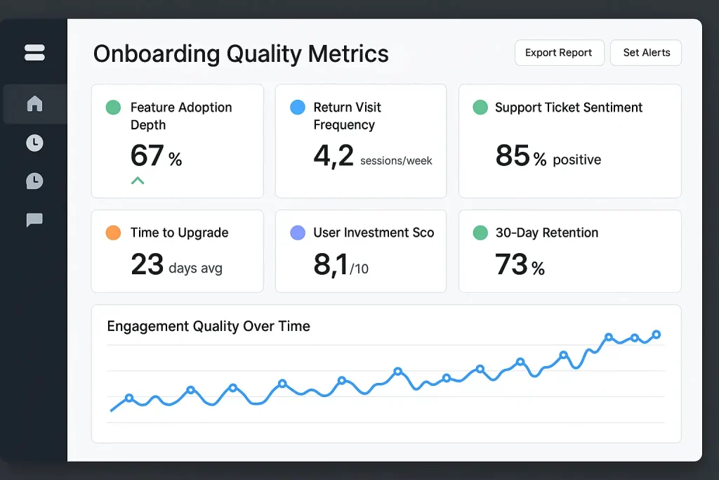 PLG onboarding metrics dashboard showing engagement quality indicators vs vanity metrics for SaaS optimization