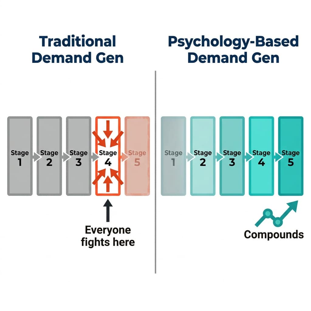 Two-column diagram comparing traditional b2b demand gen crowded at stage 4 versus psychology-based demand gen covering all 5 buyer stages with compounding returns