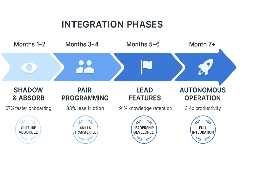 Timeline diagram showing 7-month progressive integration method for outsourced teams from shadowing through autonomous operation with success metrics at each phase
